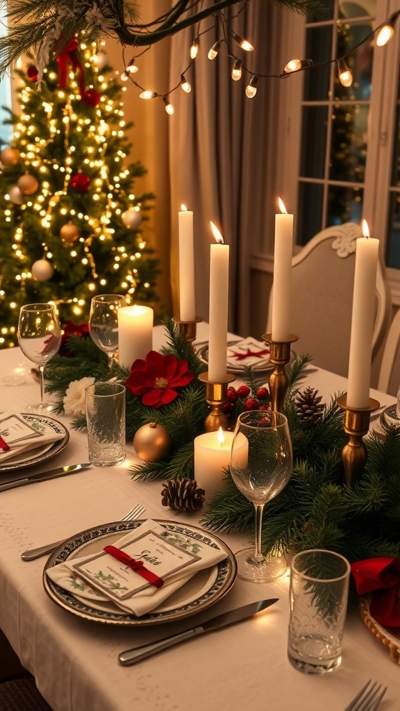 Christmas table setting with lights, pine branches, candles, and festive decor.